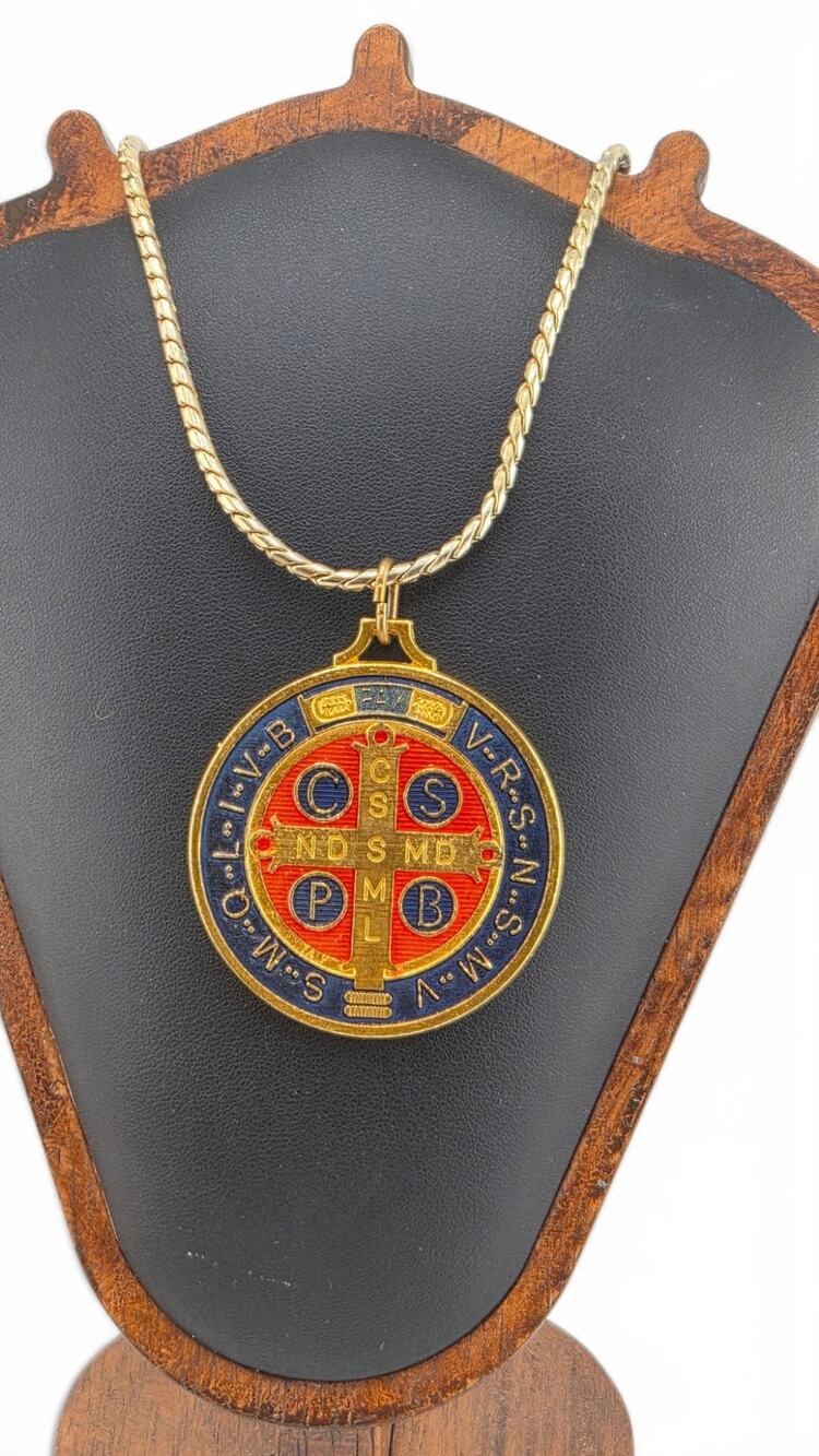 Vintage St. Benedict Medal Necklace Gold Tone Enamel Catholic Pendant Chain